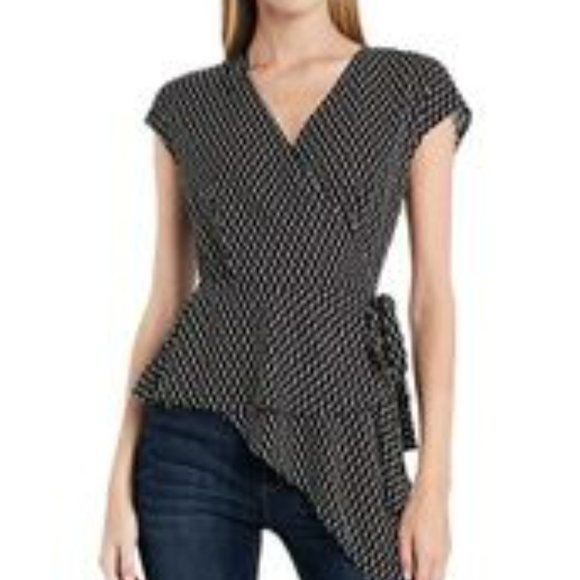 Vince Camuto Tops - Vince Camuto Cap Sleeve Asymmetrical Wrap Blouse Geometric Print Sz S - Like New